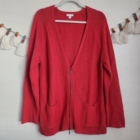 J. Jill Cable Knit V-neck Zip Longline Cardigan Cozy Chic Casual Minimalist L - Picture 1 of 9
